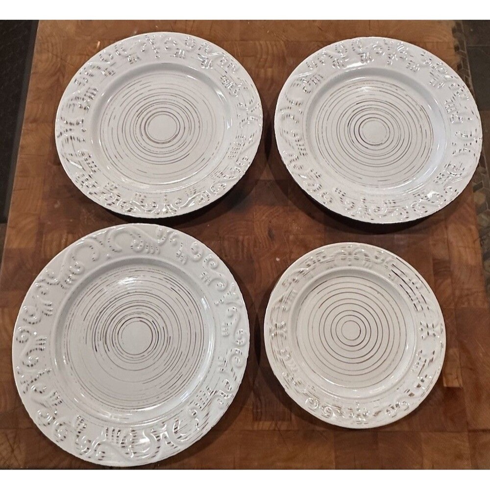 Set of  3 Pfaltzgraff Trellis White 10 1/2" Dinner Plates & 1 Salad Plate 8 1/2”